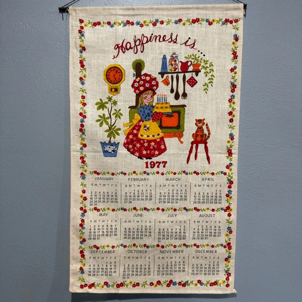 Vintage 1977 Linen Calendar Tea Towel Wall Hanging Retro Kitchen Decor 16x27